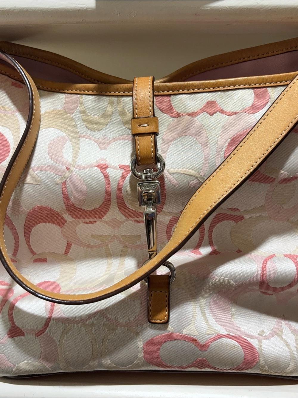 Y2K Coach Signature Hamptons Clip Hobo Shoulder bag, Pink/Cream.Tan Leather Trim